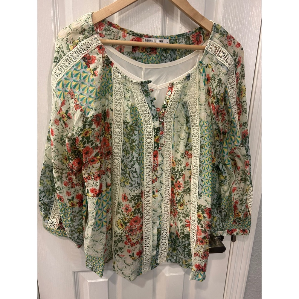 Figueroa & Flower Blouse Green Floral Lace Trim Patchwork Boho Top Large